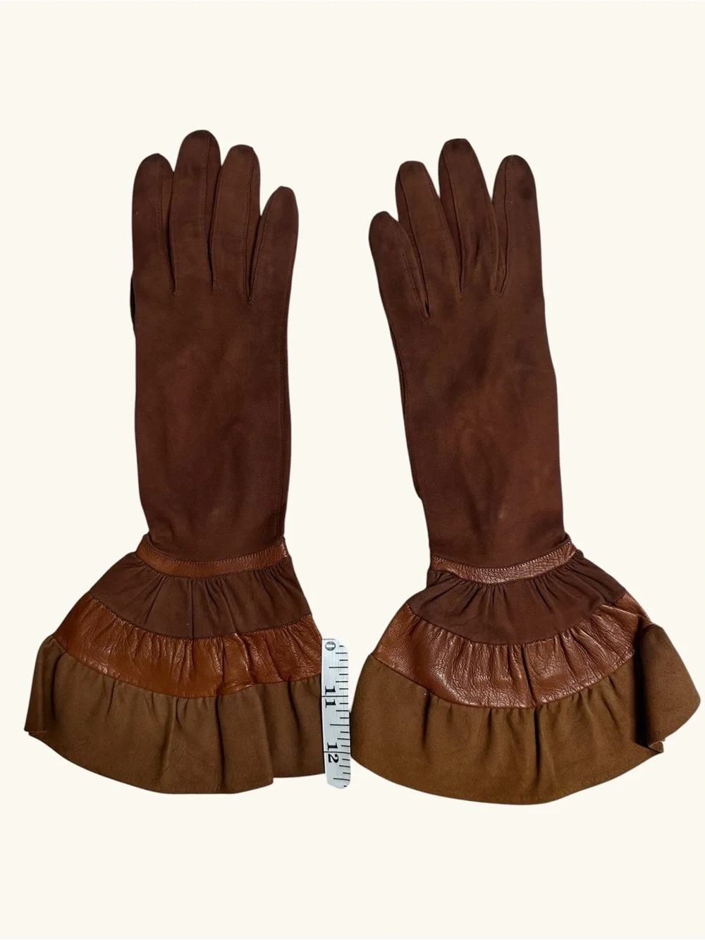 Vintage Long Brown Suede Gloves with Flared Cuffs
